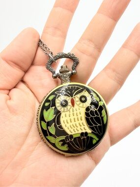 Vintage Style Owl Pocket Watch Necklace Cloisonné Enamel Pendant